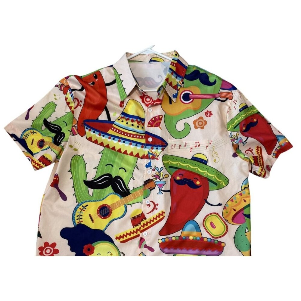 Fiesta-Themed Mens Button-Up Shirt Sombrero Avacodo Cactus Short-Sleeve  XL Mens - Picture 2 of 6